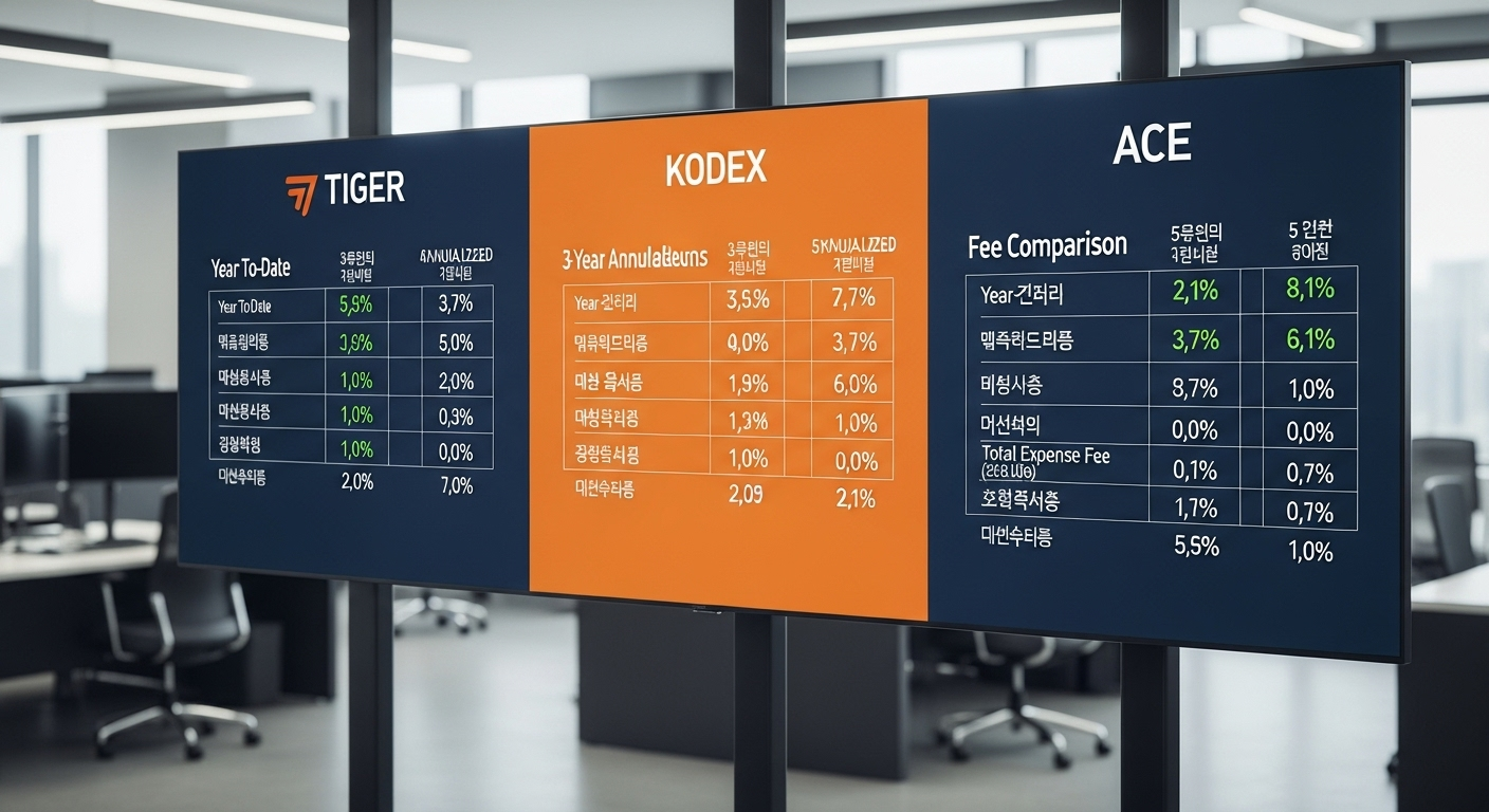 국내 3대 ETF 운용사 TIGER, KODEX, ACE 비교 차트