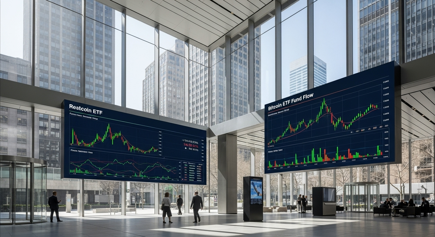 비트코인 ETF 자금 유입 현황을 보여주는 금융기관 건물