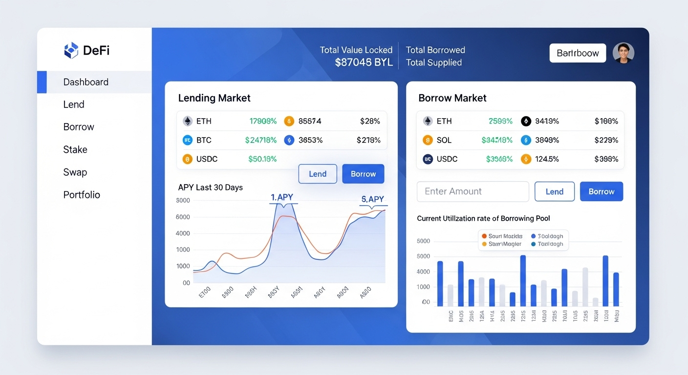 DeFi 프로토콜의 대출 및 차용 서비스를 보여주는 인터페이스