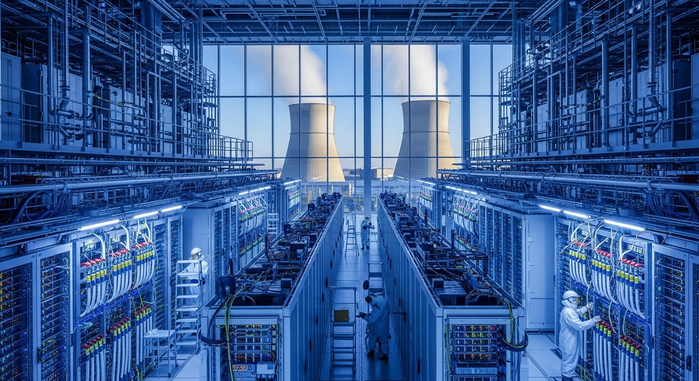AI 데이터센터와 원자력 발전소가 함께 보이는 현대적인 전력 인프라 전경