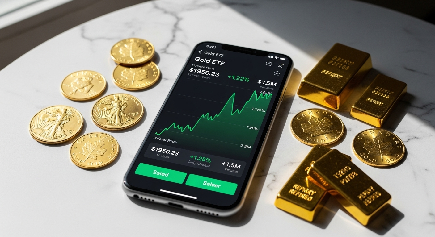 금 ETF 투자 방법을 보여주는 모바일 앱 화면과 실물 금