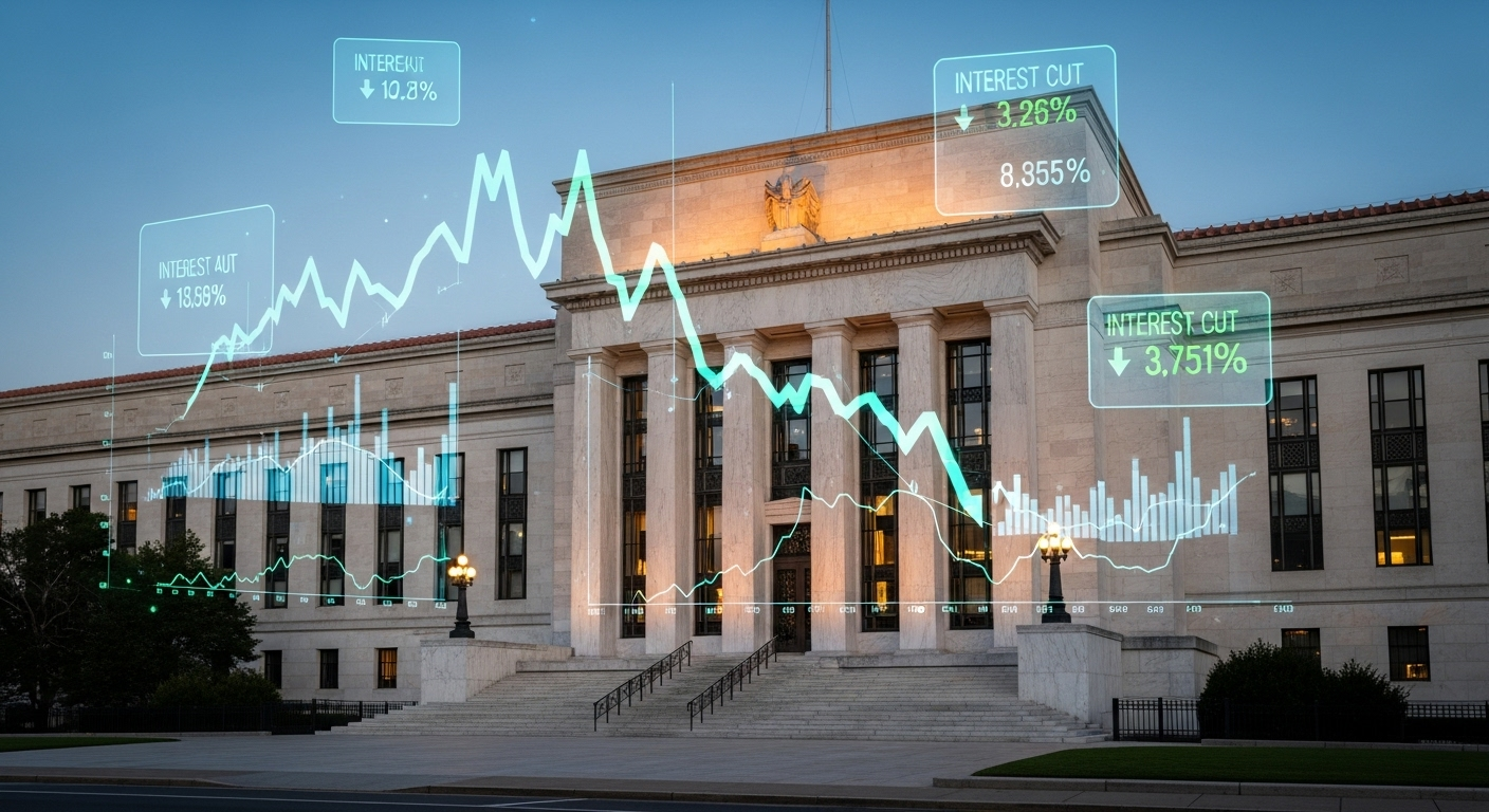 FOMC 금리 인하 결정과 암호화폐 시장에 미치는 영향을 나타내는 연준 건물