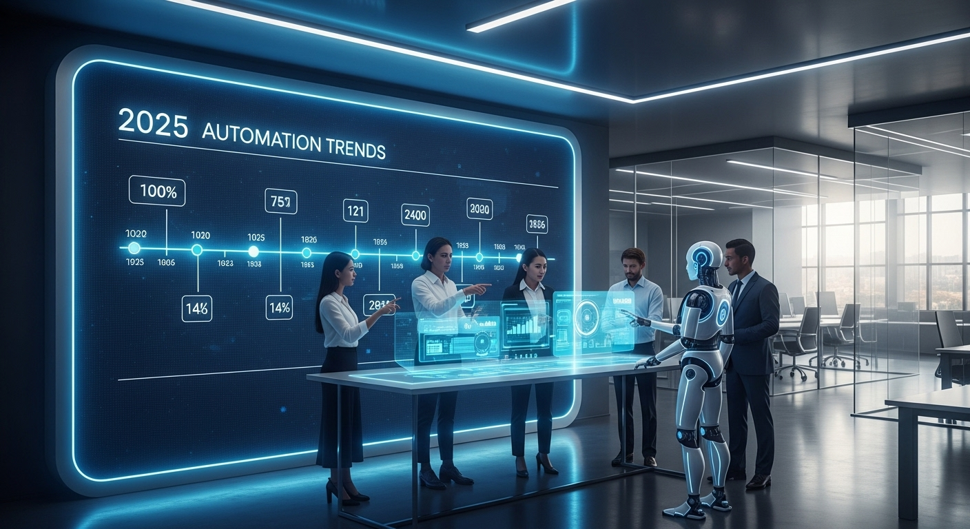2025년 하반기 자동화 도구 발전 전망과 미래 기술 트렌드를 보여주는 미래형 오피스